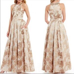 Eliza J Full Length Gold Brocade Ball Gown Size 8 - beaded halter neckline